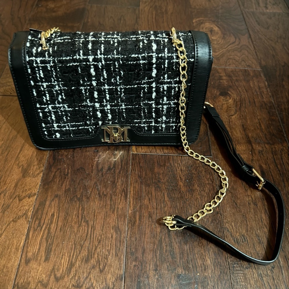 Badgley Mischka Vegan Leather Black &White Crossbody, Gold Hardware NWT